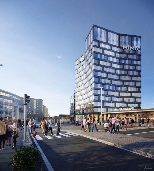 Illustration över hög kontorsbyggnad med många fönster och ett angränsande resecentrum